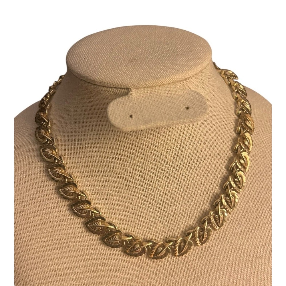 Coro Linked Necklace Vtg Choker Leaves Gold Tone Chain 14-17"